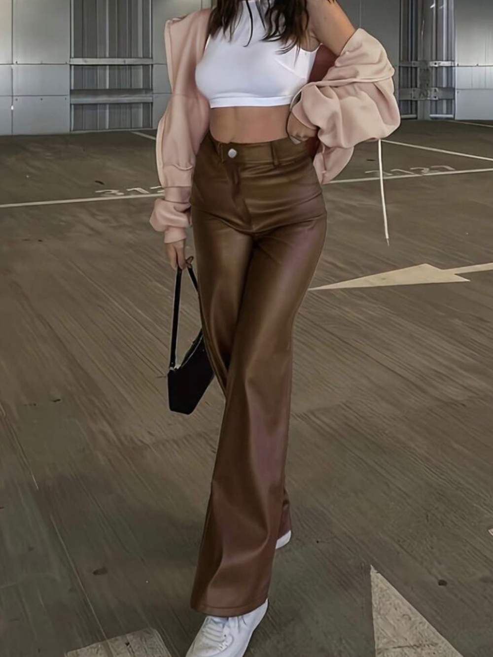 Women's High Waist PU Leather Wide Leg Pants Size M